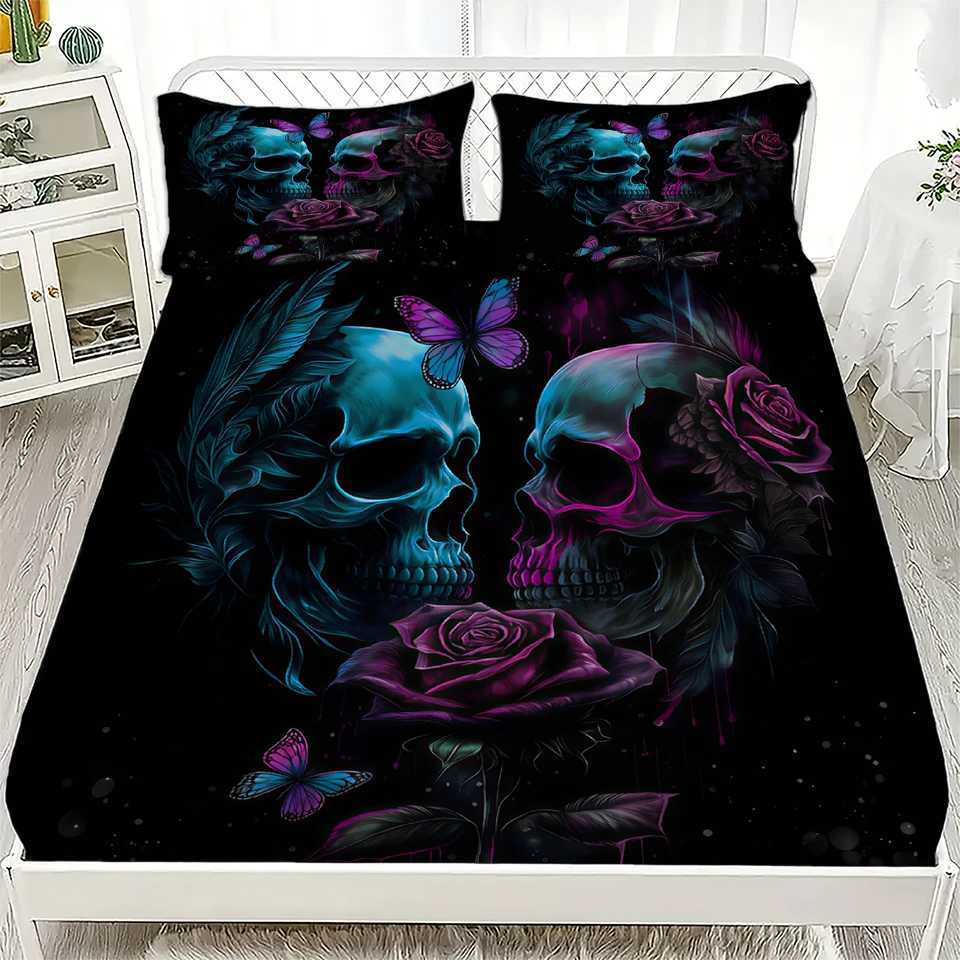 3pcs Fitted Sheet Set Gothic Style Skull Flowers Print 100 Polyester Breathable Bedding Set for Home Decor with 2 casesM251118