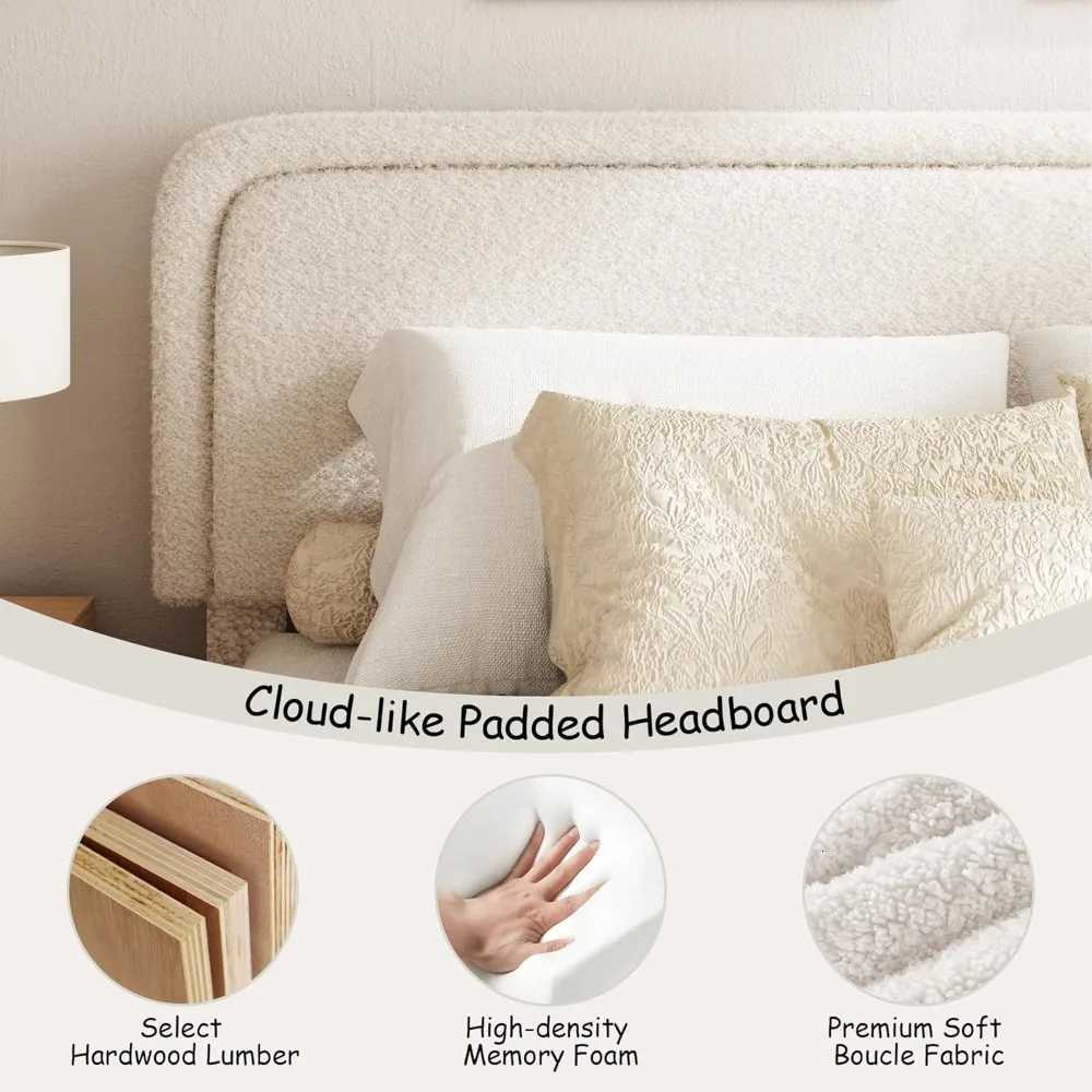 King Size Boucle Bed Frame Cloud Upholstered Platform Bed with Height Adjustable Headboard Soft Rounded CornersM251118