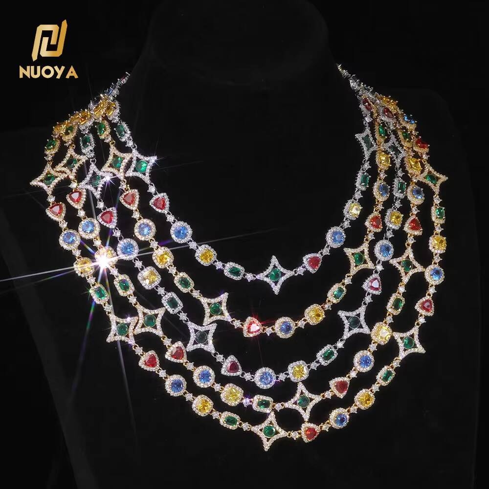 NUOYA Colored CZ Diamond Cross Link Chain Necklace Gold Plated Colorful Opal Link Chain Hip Hop Fine Jewelry for Men Women Gift