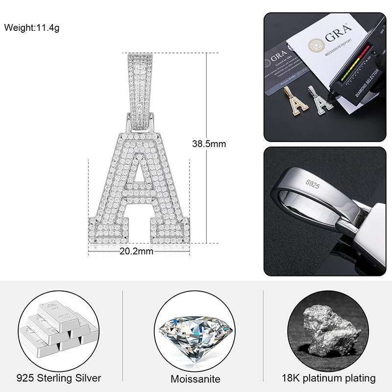 New Moissanite 26 A-Z Letter Pendant Jewelry Necklace Women Iced Out Personalized Charms Rapper Super Star Hip Hop Punk S