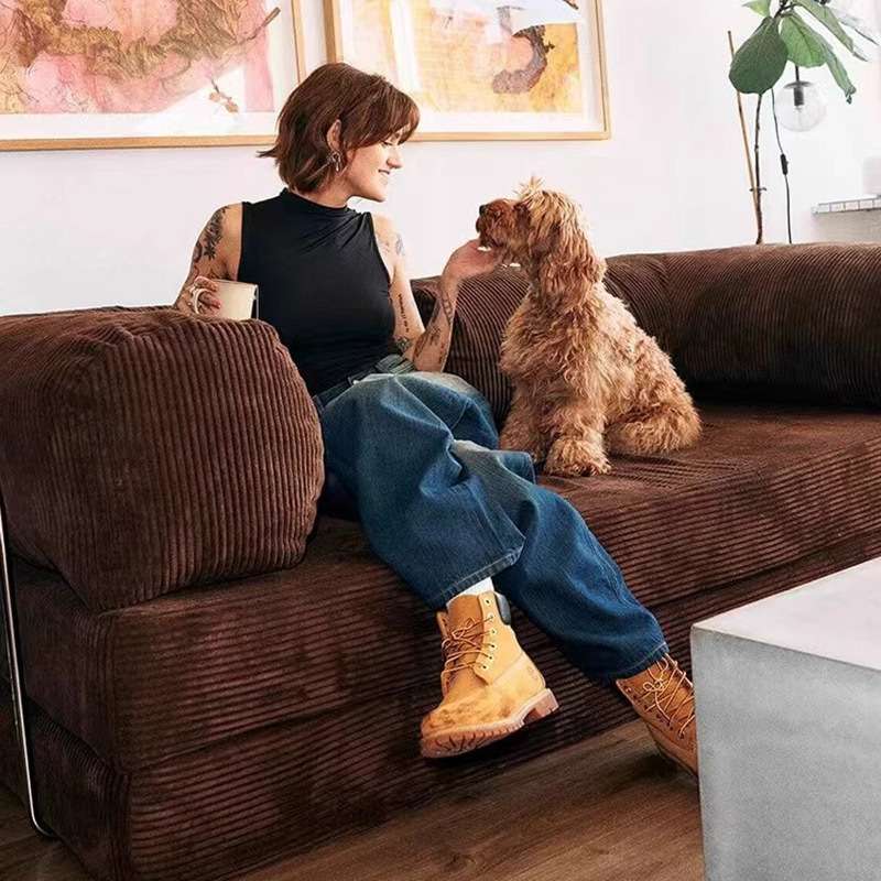 Compressed Foldable Sofa Bed, Convertible Corduroy Couch Bed with Metal Accents, Space-Saving Multi-Functional Sofa for Small Spaces-orange-red