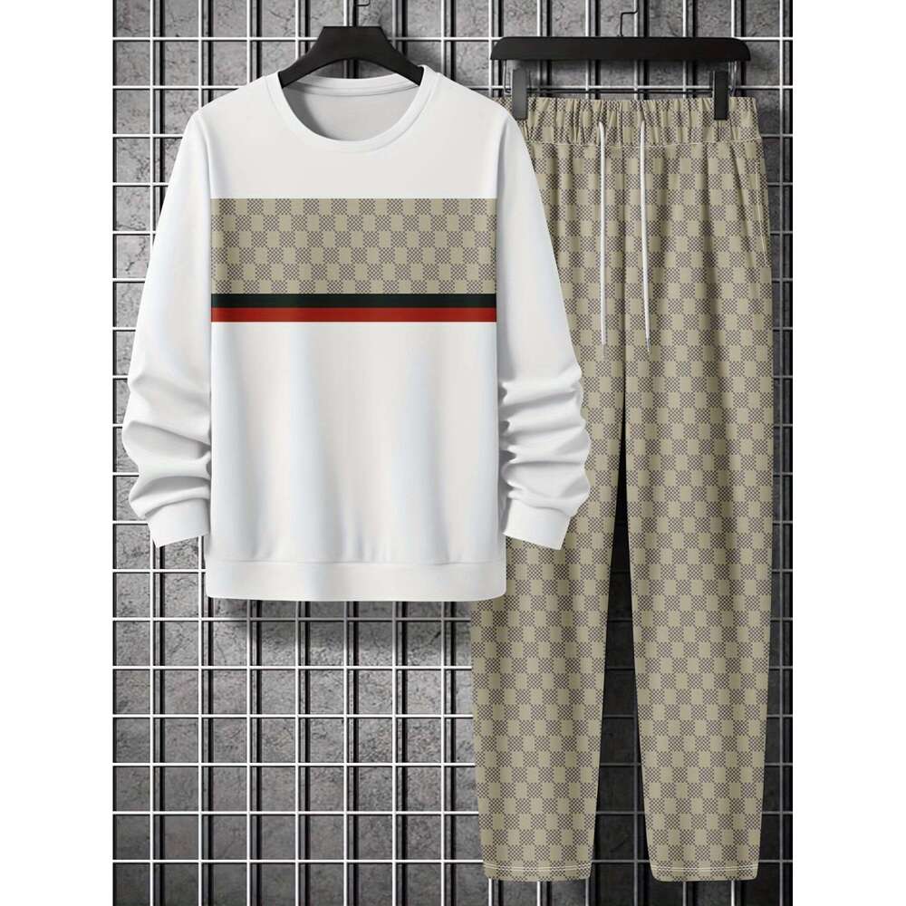 3D Printed Round Neck Drop Shoulder Sweatshirt And Joggers Two-Piece Set, Casual Sport Men's Outfit, Can Be Used As A Gift, Jogging Pants