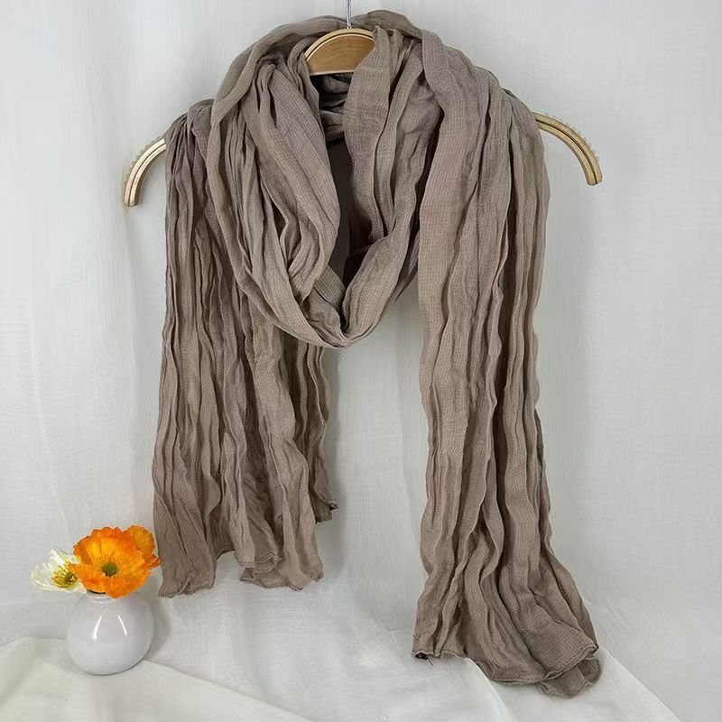 T498 solid color Japanese cotton and linen scarf pleated retro autumn and winter warm neck shawl literary all-match fashion neck scarf