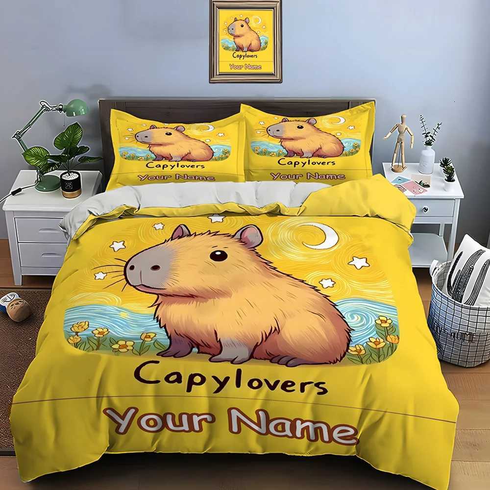 Personalization Custom Name Quilt Cover Cartoon Capybara Print 3 Pieces Setting Bed King Size case Bedroom Bed Set GiftsM251118