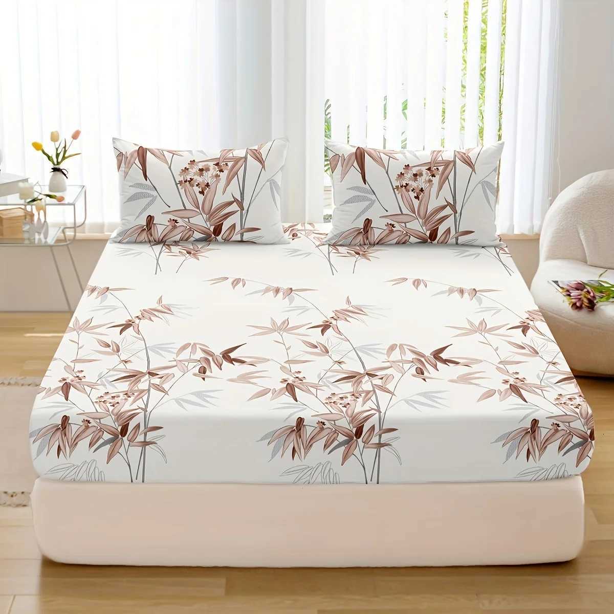 3pcs Bamboo Leaf Print Fitted Sheet Set - Soft Breathable Comfortable Hypoallergenic Bedding for Bedroom Guest Room - 1 FittM251118