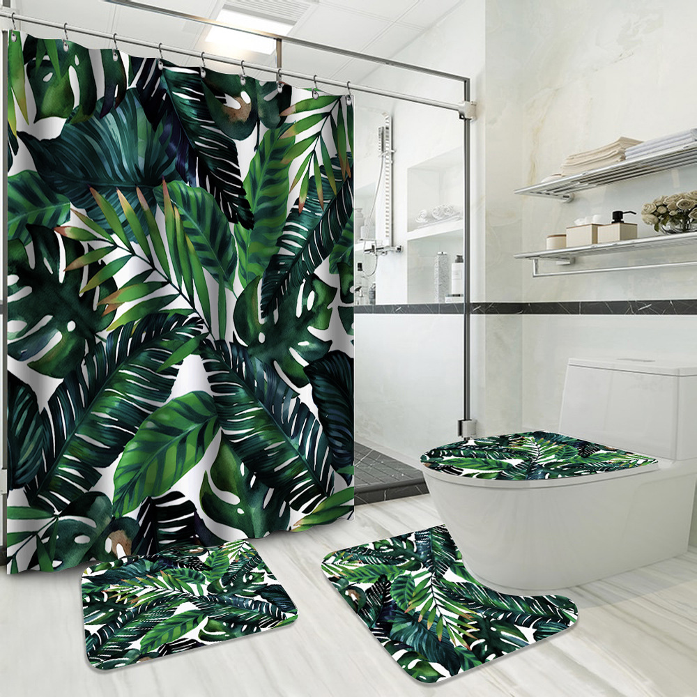 YL-37737 Hot Selling Shower Curtain 4-Piece Set, Green Plant Series, Waterproof and Mildew-Proof Shower Curtain, No Drilling Required