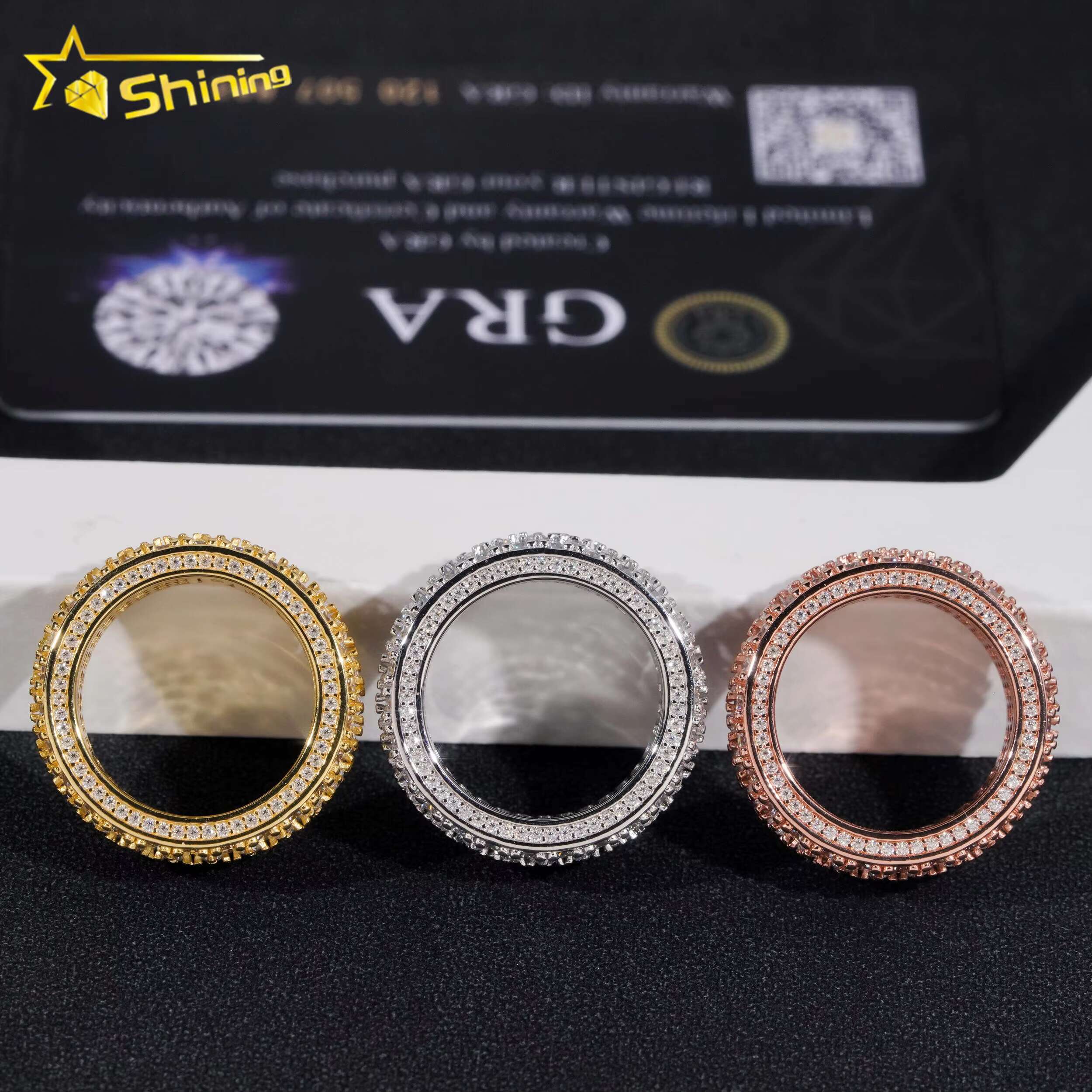 Pass Tester Hip Hop Jewelry Sier 3 Row Stones Fully Eternity VVS Dia Moissanite Iced Out Band Ring
