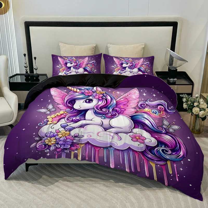 3PC Cartoon Unicorn Comfortable Bedding Set 1Duvet Cover2Two cases Polyester Fiber 3D Digital PrintingM251118