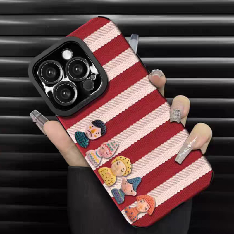 Striped 3D Doll Phone Case Compatible iPhone 16/15 Pro Max New Model with Lanyard Full Coverage Shockproof Protective Case