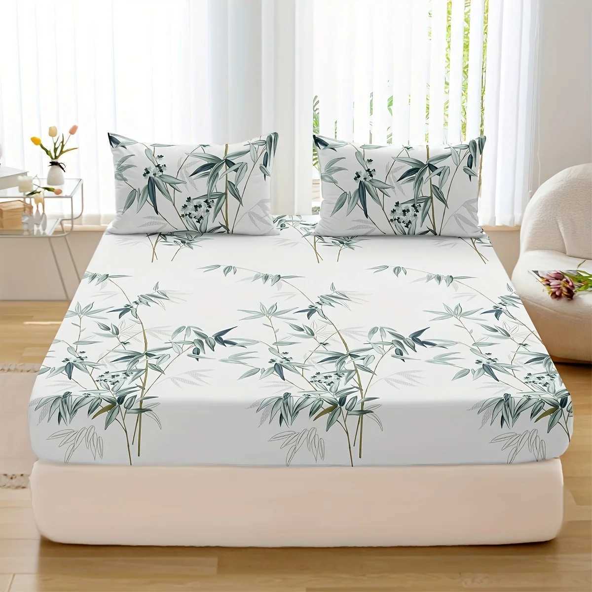 3pcs Bamboo Leaf Print Fitted Sheet Set - Soft Breathable Comfortable Hypoallergenic Bedding for Bedroom Guest Room - 1 FittM251118