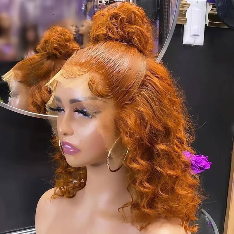Double Drawn Short Wig Ginger Color Big Loose Curly Raw Indian Hair Transparent HD Lace Front Wigs