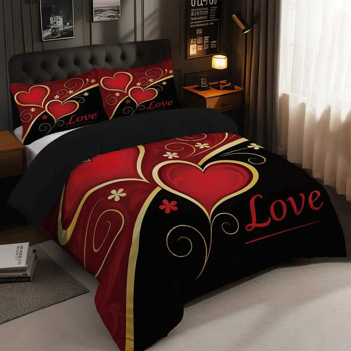 3pcs 1 duvet cover 2 cases coreless black and red Valentines Day heart Love design printed pattern bedding setM251118