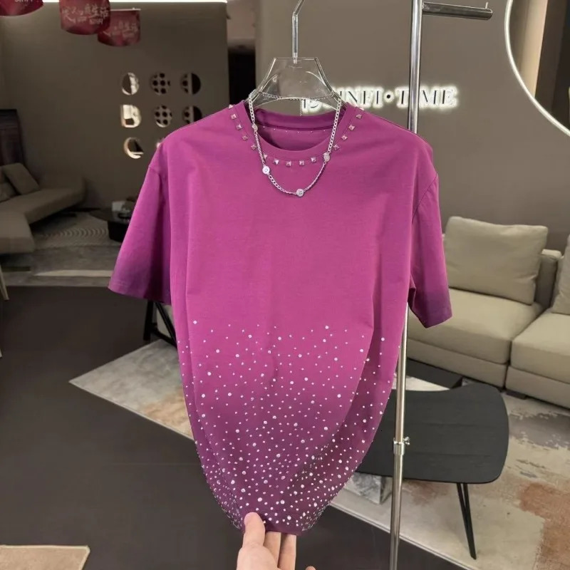 Starry Sky Rivet Diamond Loose Short Sleeve Tshirt for Men Gradient Fashion Casual Round Neck Half Top 250407