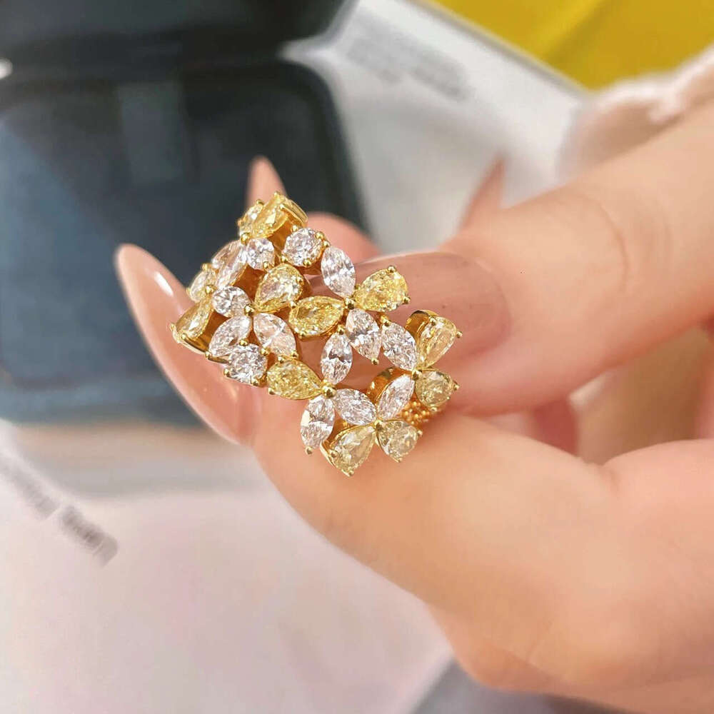 Designer Jewelry Wedding Rings Small Yellow Flower Diamond For Women Colorful Diamond, Ins Water Drop Shape 18K Plated Niche High-end Feel Micro-pave 