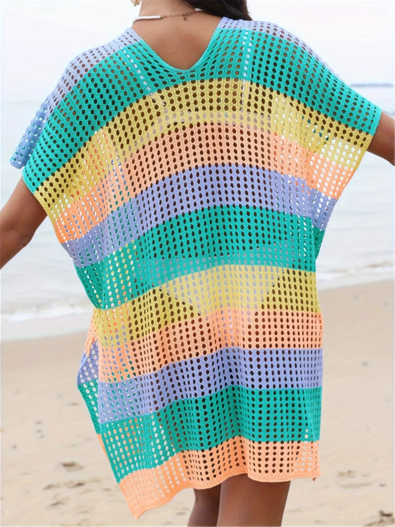 2024 Knitted Beach Wear Womens Summer Corchet Swimsuit Cover Striped Sun Skirt Vneck Split Green 250415Z