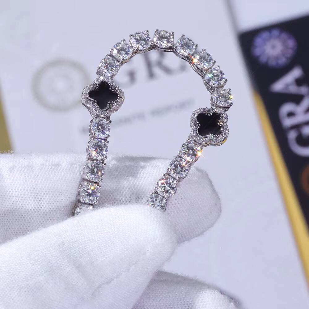 Laboratory cultivation 4mm Iced Out VVS Moissanite Tennis Chain 925 Silver Necklace Black Four Leaf Clover Hip Hop Jewelry Gift