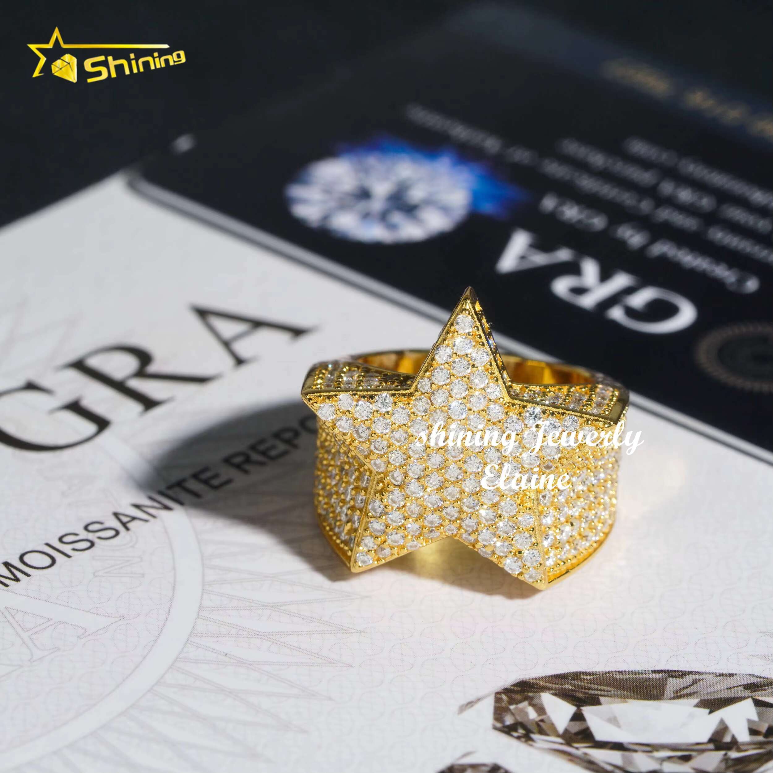 Fashion Dia Vvs Moissanite Custom Sterling Sier Hip Hop Jewelry Iced Out Star Ring