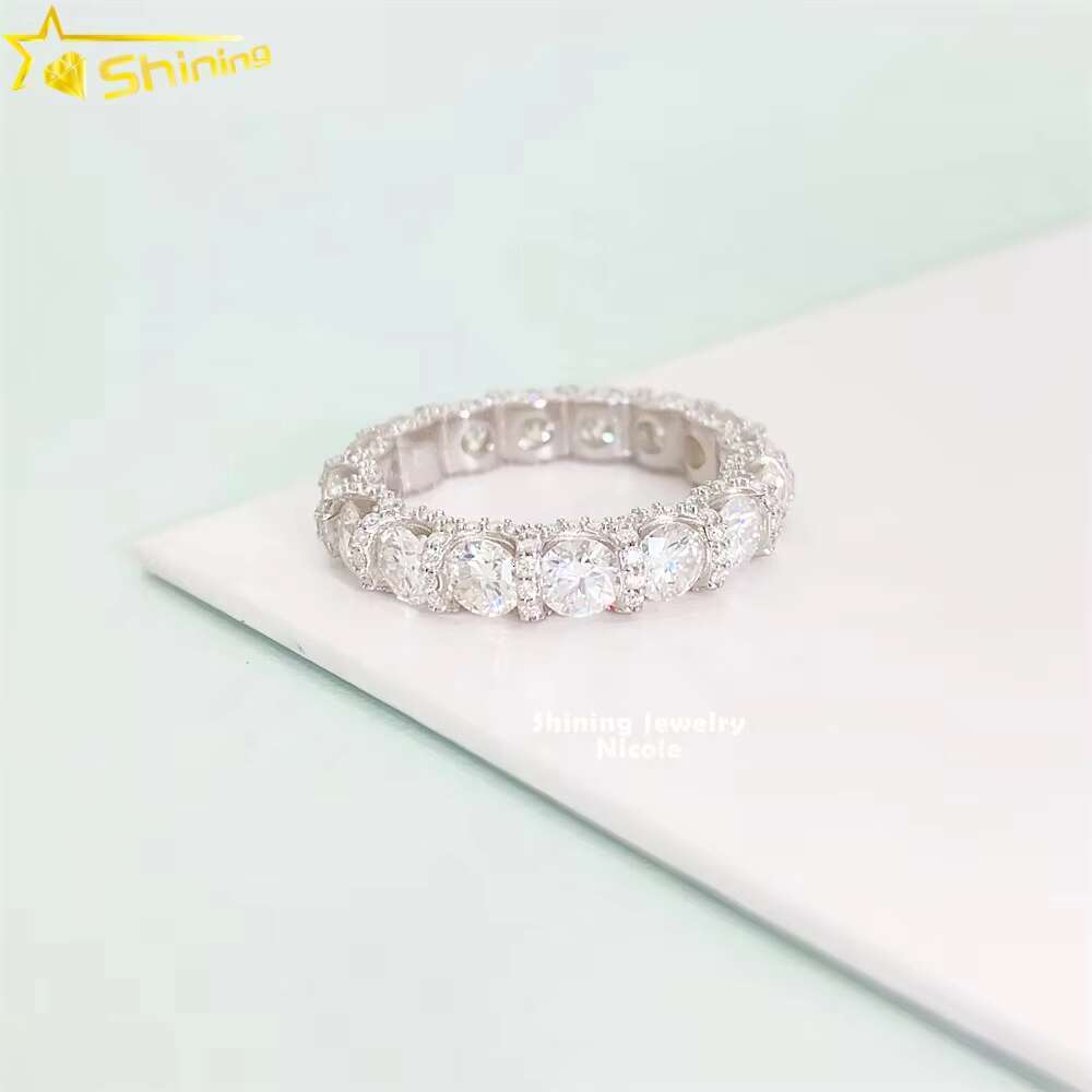 Sier Fully Iced Out 4.25MM GRA Moissanite Tennis Engagement Wedding Band Ring for Women