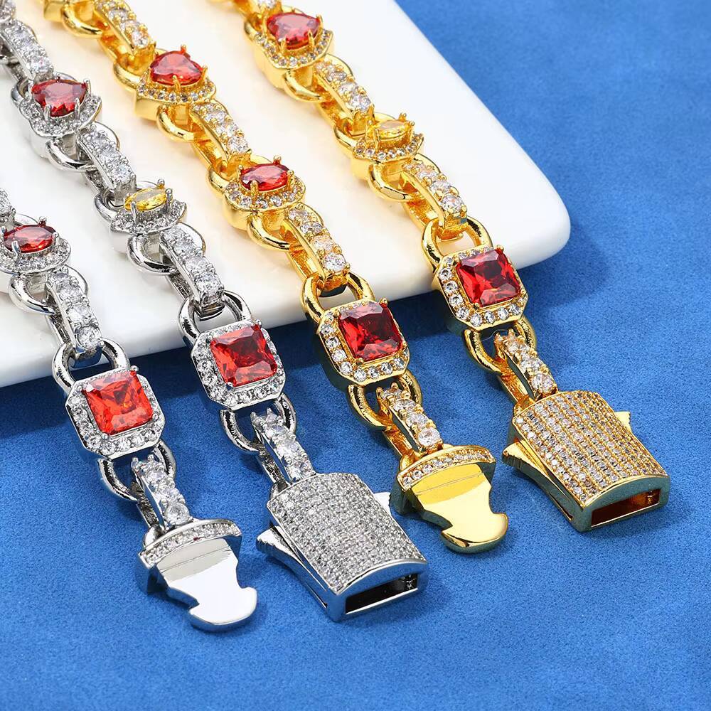 NUOYA Hip Hop New Style Link Chain 925 Silver VVS Moissanite Necklace 10MM Geometric Shape Design Red Zircon Women Jewelry
