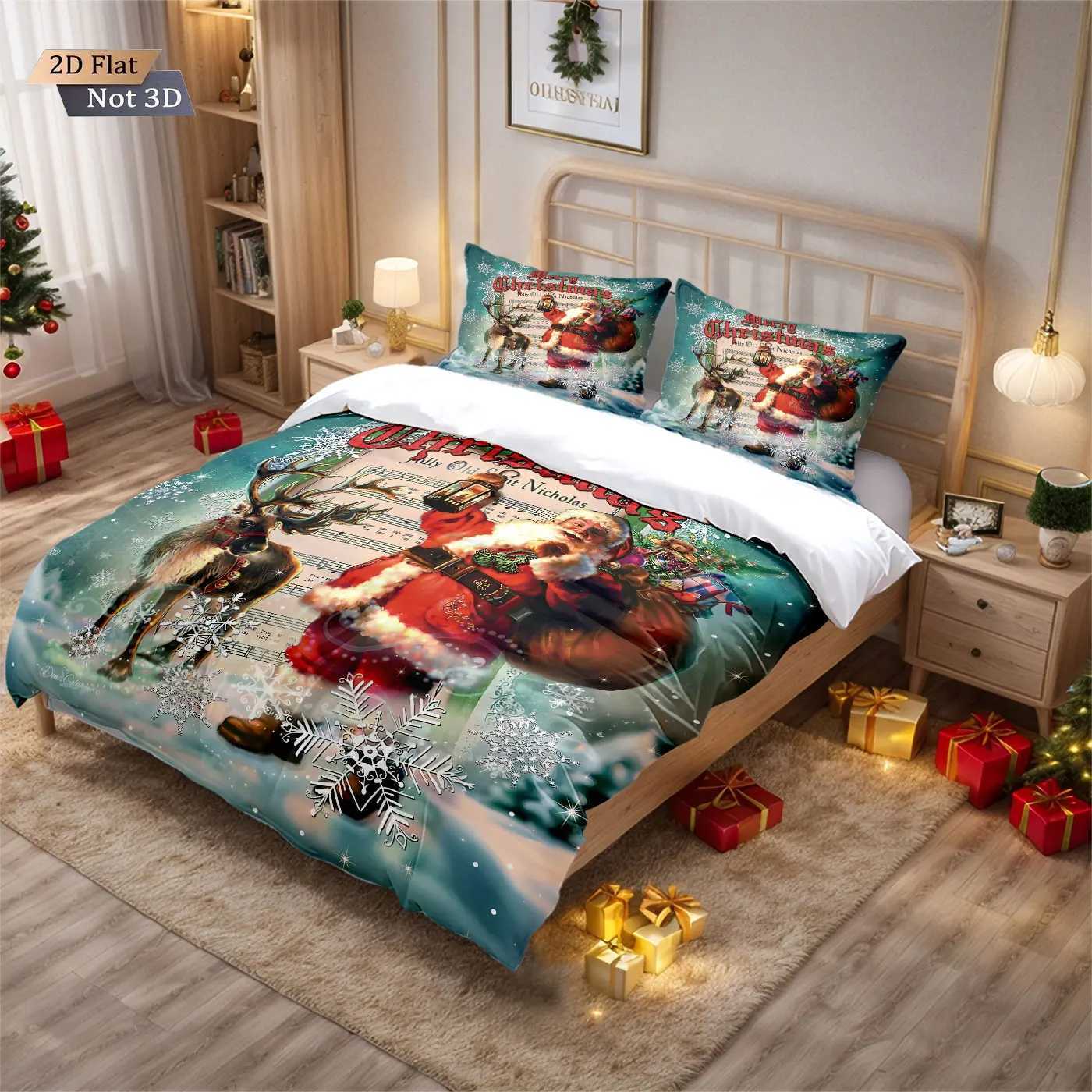 3pcs Santa Claus print coreless duvet set multi size bedroom dormitory bedding holiday decoration machine washableM251118