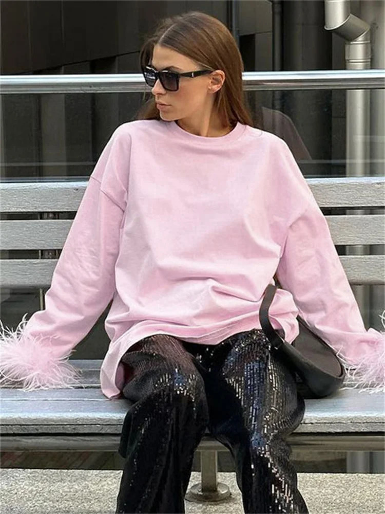 Tossy Fashion Fur Womens Patchwork Tshirt Pullover Solid Long Sleeve Loose Elegant Top Casual Spring Y2k 250407