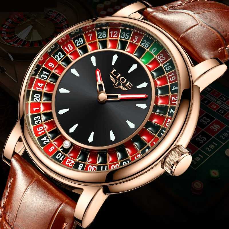 LIGE Russian roulette dial mens watch creative dial mens watch commercial leather luminous rotating lucky ball watch M250418