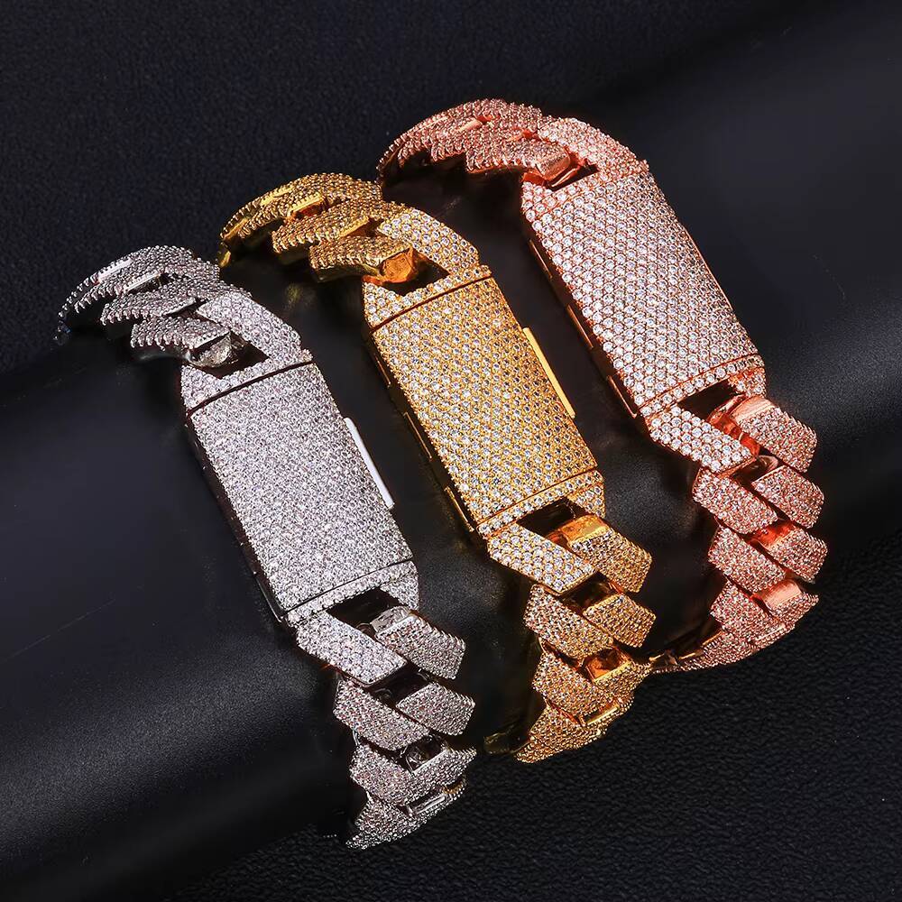 NUOYA Luxury Iced Out 15mm Cuban Link Bracelet 925 Silver Hip Hop Jewelry Shiny VVS Moissanite Mens Chain