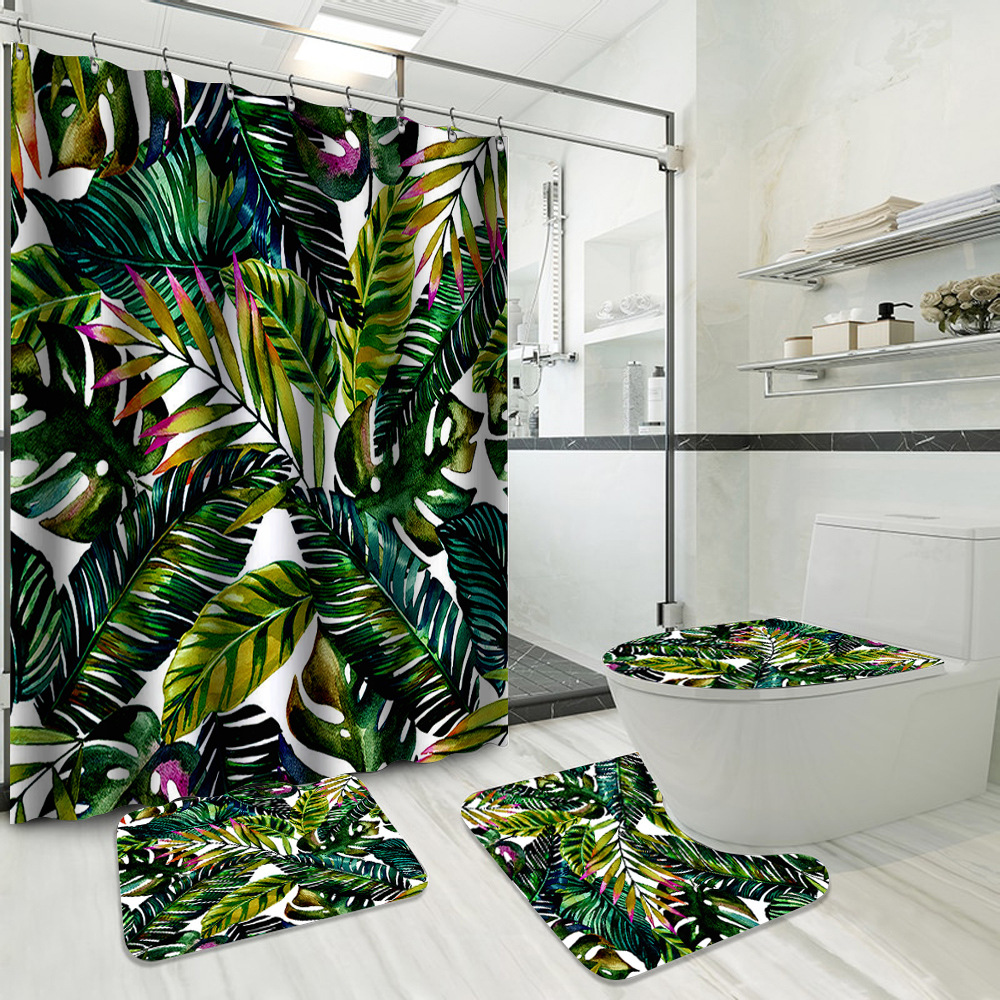 YL-37737 Hot Selling Shower Curtain 4-Piece Set, Green Plant Series, Waterproof and Mildew-Proof Shower Curtain, No Drilling Required