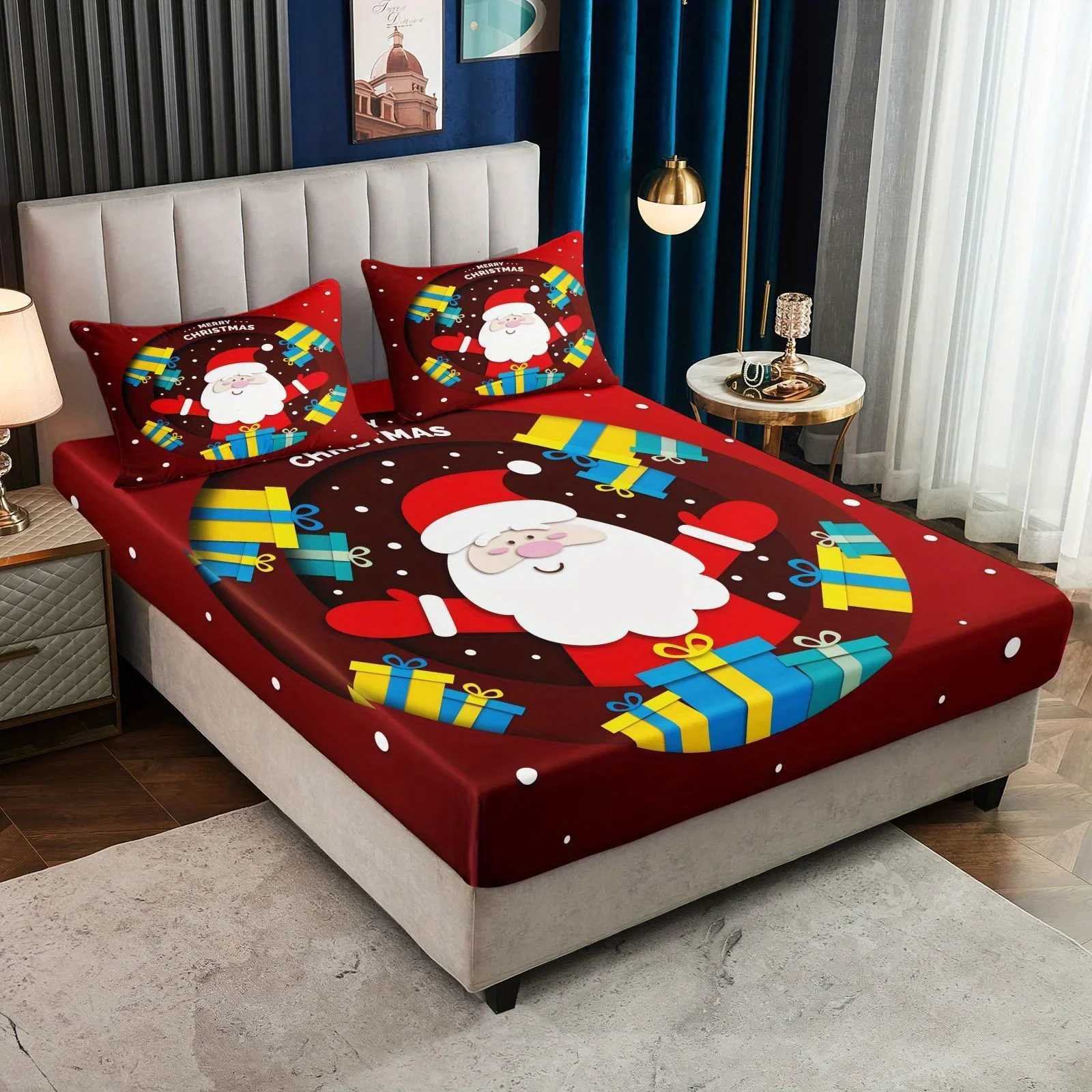 1PC Christmas Gift Santa Claus Digital Print Bed Sheet case Set Sanded Polyester Fitted Sheet with Deep Pocket 30-34cmM251118