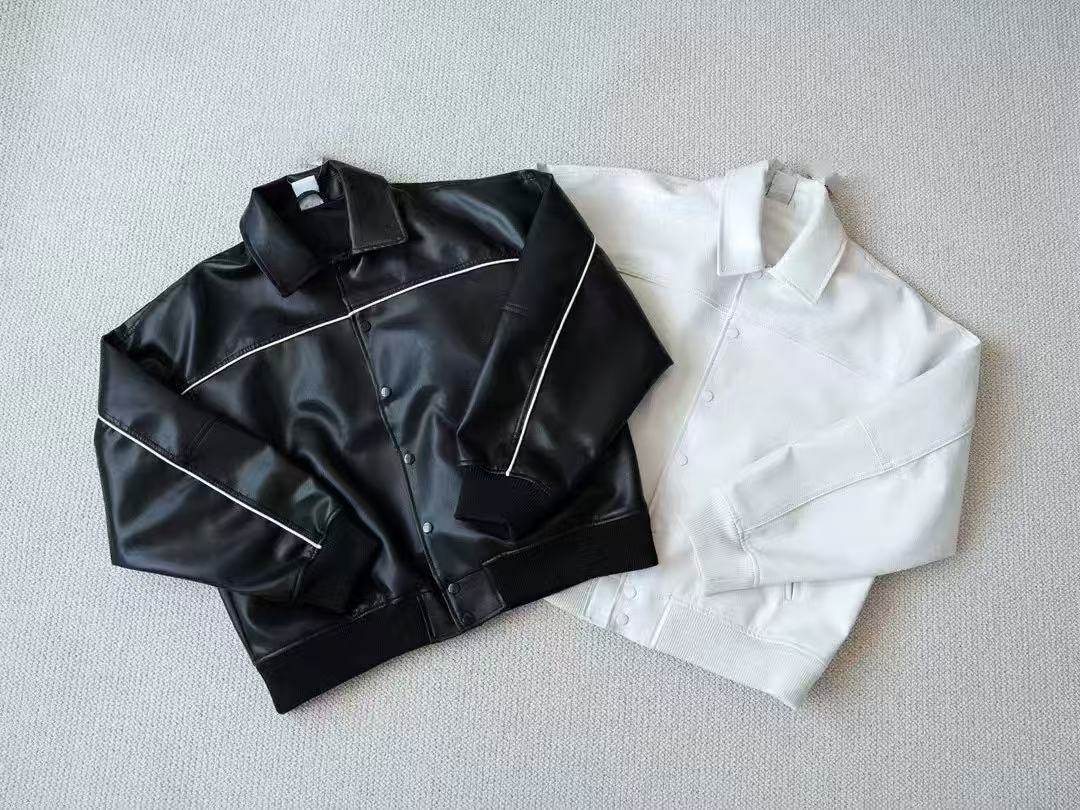 week4 Leather Varsity Jacket Casual Hooded High Street Street fashion Men Women Button up coat