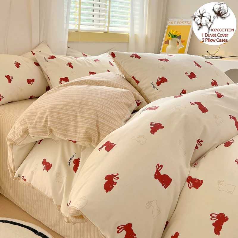 100 Cotton Duvet Cover Set Bedding Set- Red Bunny Striped Design Duvet Cover with 2 cases Soft Breathable BeddingM251118