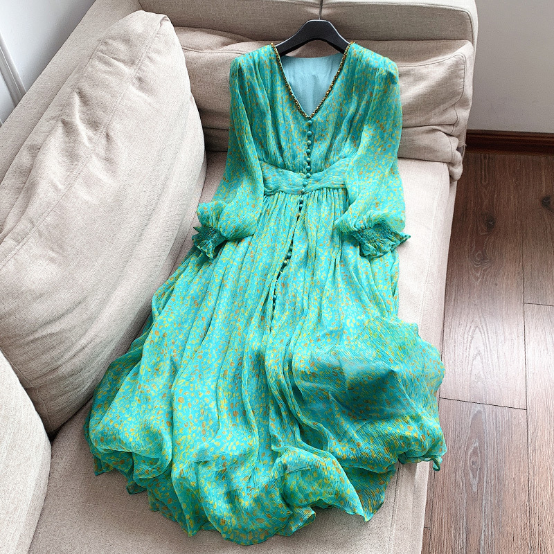 DD9280 Women's 2025 Spring and Summer New Mulberry Silk Beaded V-neck Long Skirt Fairy Dress