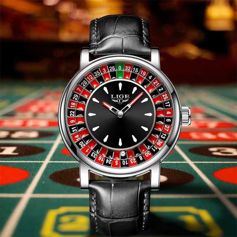 LIGE Outdoor Fashion Quartz Mens Watch Leather Casual Retro Creative Gambling Table Roulette Gaming Dial Waterproof Mens Watch M250418