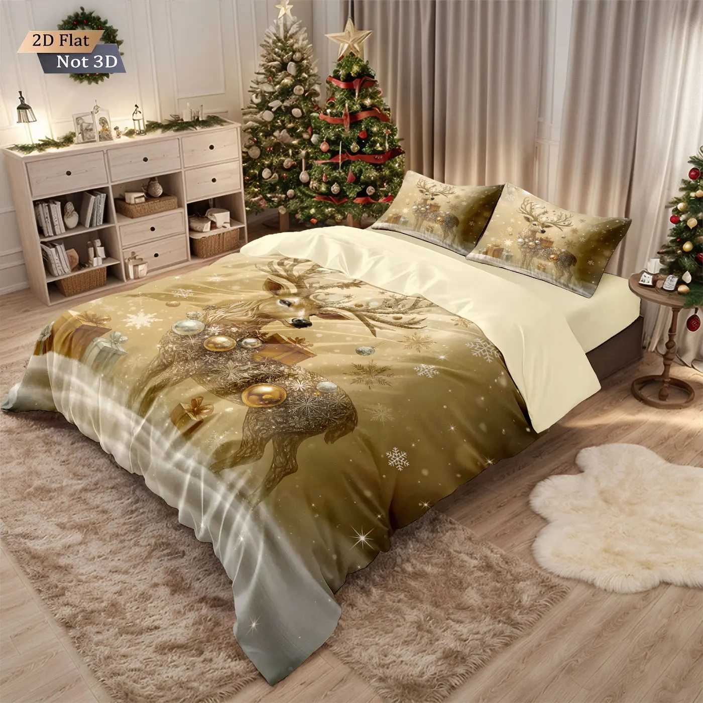 3pcs Christmas gold deer print coreless duvet set multi size bedroom bedding holiday decoration soft machine washableM251118
