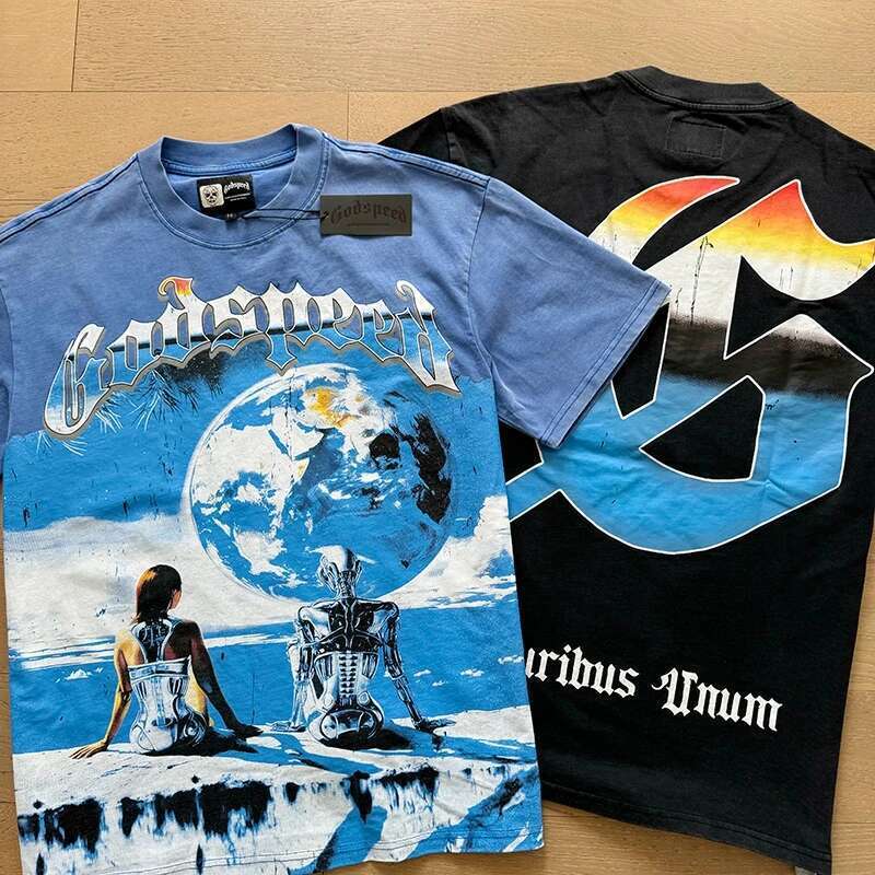 Summer Style Vintage Wash Blue Godspeed T-Shirt Personality Trendy Print God Speed Short Sleeve Washed Tops Cotton Black Tee