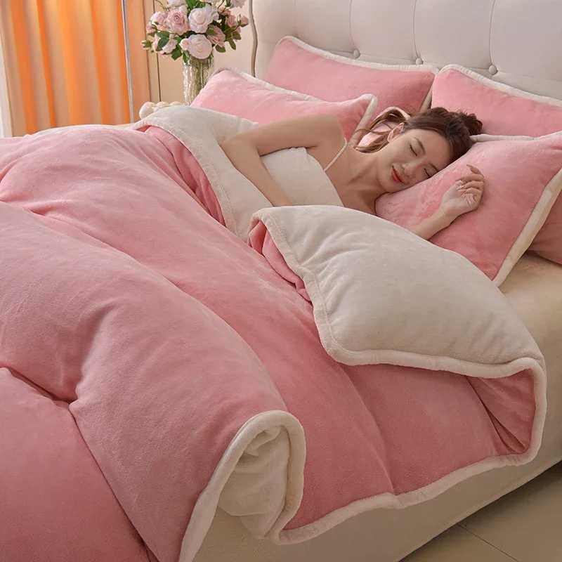 Simple wind milk fleece four-piece set thickened coral fleece solid color bed sheet quilt cover single piece fleece winterM251118