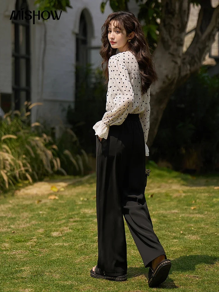 MISHOW Polka Dot Chiffon Tops Spring/Summer Peter Pan Collar Lace Petal Sleeve Female Single Breasted Blouses MXC14X0008 250417