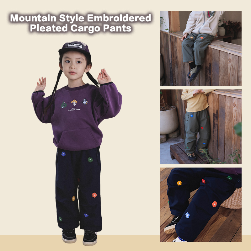 Kids' Mountain Style Embroidered Pleated Cargo Pants, Water-Repellent Textured Outdoor Multi-Pocket Trousers, New Season Hiking & Daily Wear 25AG
