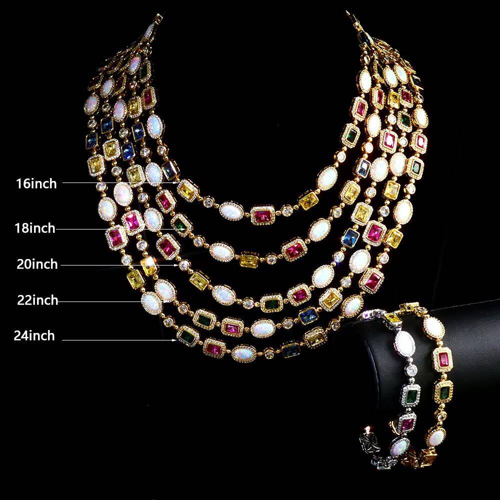 NUOYA Colored CZ Diamond Cross Link Chain Necklace Gold Plated Colorful Opal Link Chain Hip Hop Fine Jewelry for Men Women Gift