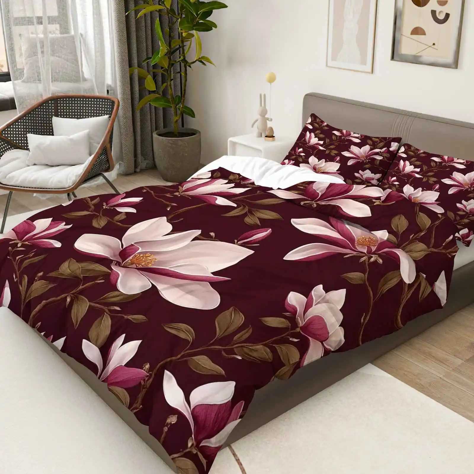 Duvet Cover White Pink Magnolia Flower Theme Floral Bedding Set Suitable for Bedroom Decoration Living Room Hotel Modern DecorM251118
