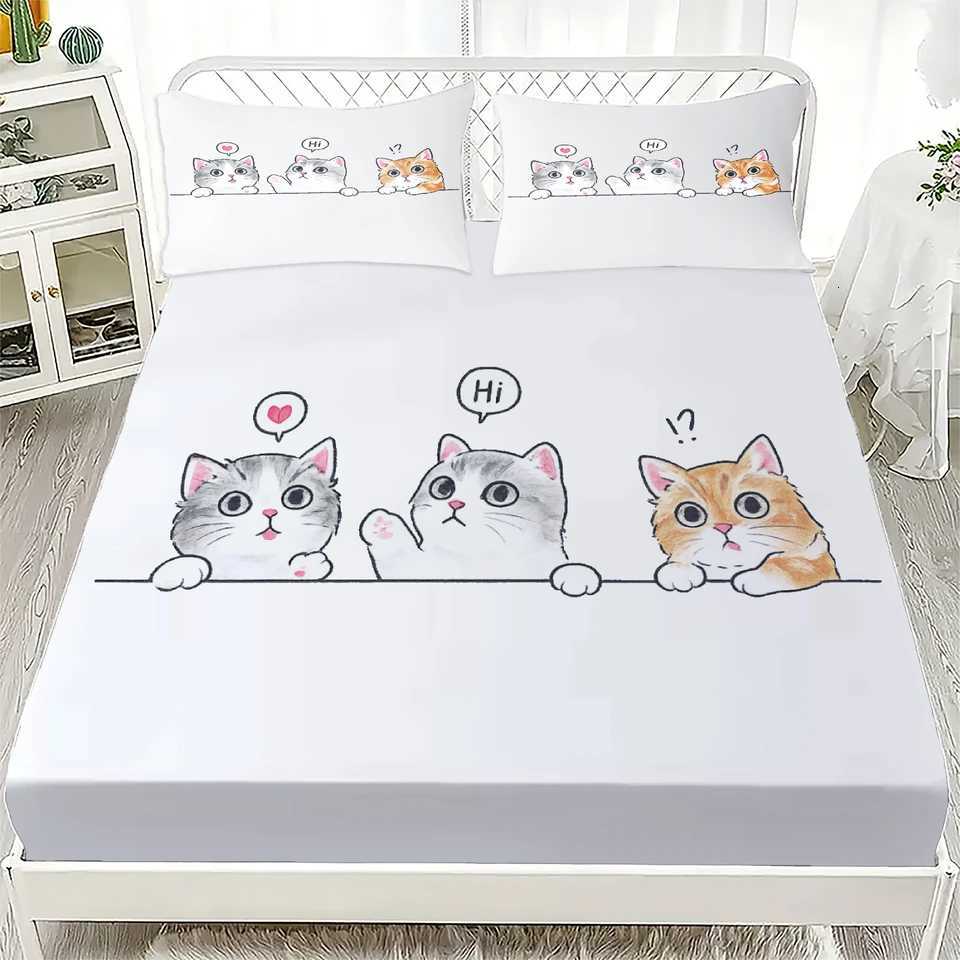 3pcs White Fitted Sheet Set Lovely Cartoon Cat Dog Print 100 Polyester Breathable Bedding Set for Home Decor with 2 casesM251118
