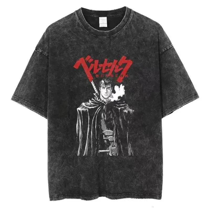 Washed Berserk cotton mens retro Japanese anime oversized shirt streetwear Harajuku summer short sleeved loose top 250408Z