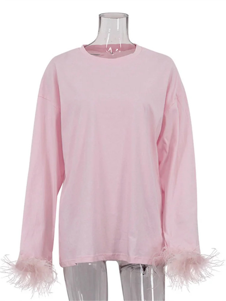 Tossy Fashion Fur Womens Patchwork Tshirt Pullover Solid Long Sleeve Loose Elegant Top Casual Spring Y2k 250407