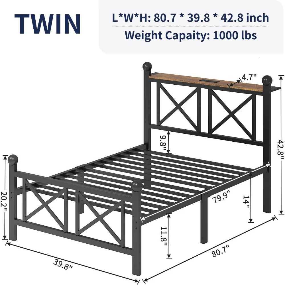 Bed Frame with LED Lights Heavy Duty Metal Bed with Headboard and Footboard Storage Shelf with Charging StationM251118