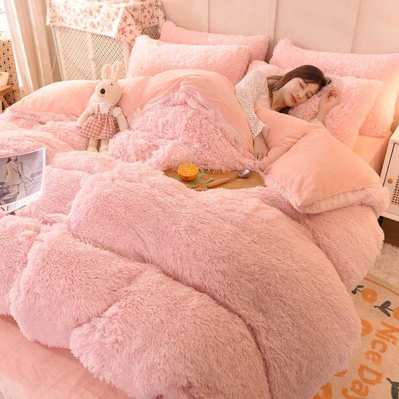 Thickened mink 4 pieces princess Bedding set winter Warm fluffy duvet cover sheet cases Quilt cover sets girls queen kingM251118