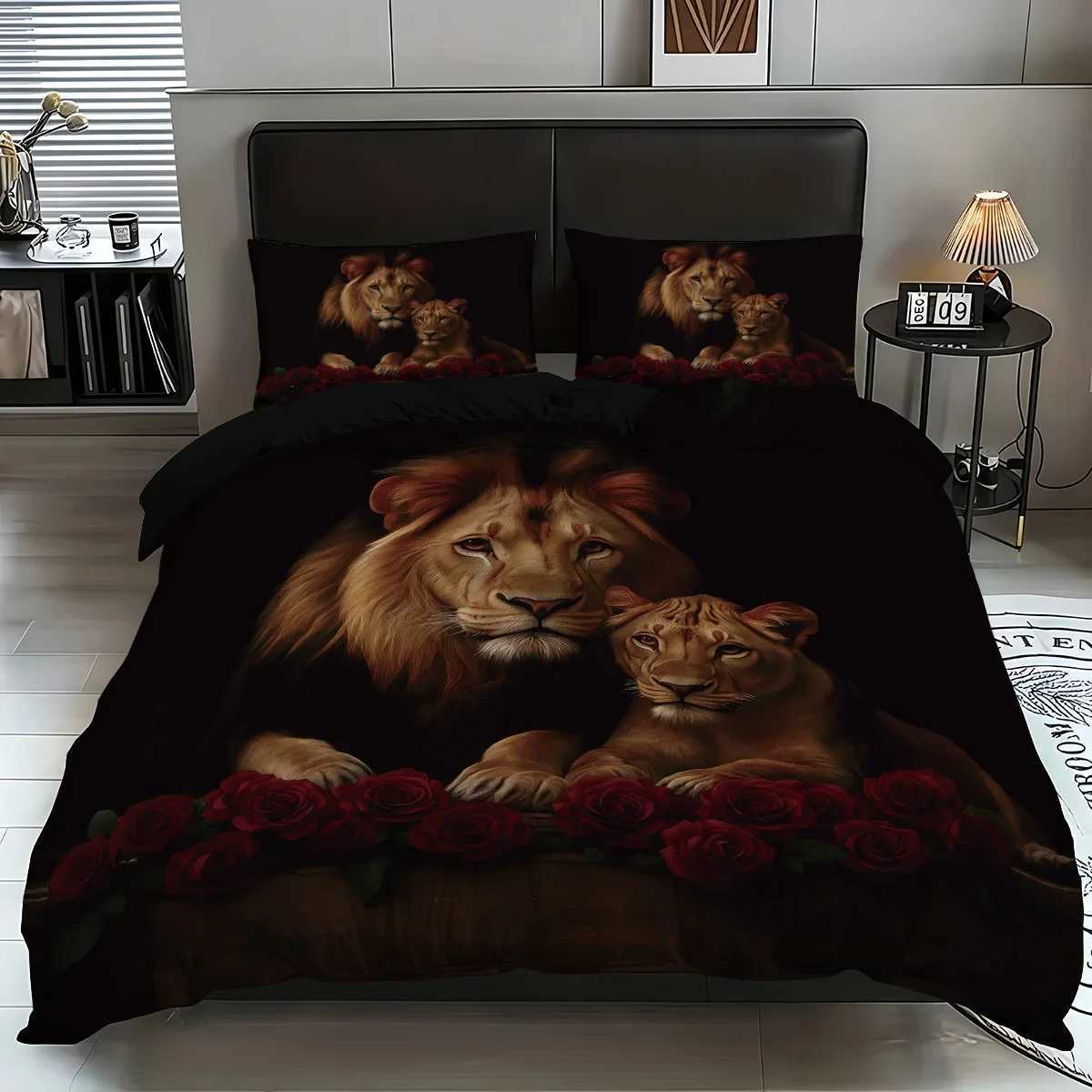 3 pieces are lion animal printed down duvet covers 1 down duvet cover2 cases no core Soft and comfortable bedding setM251118