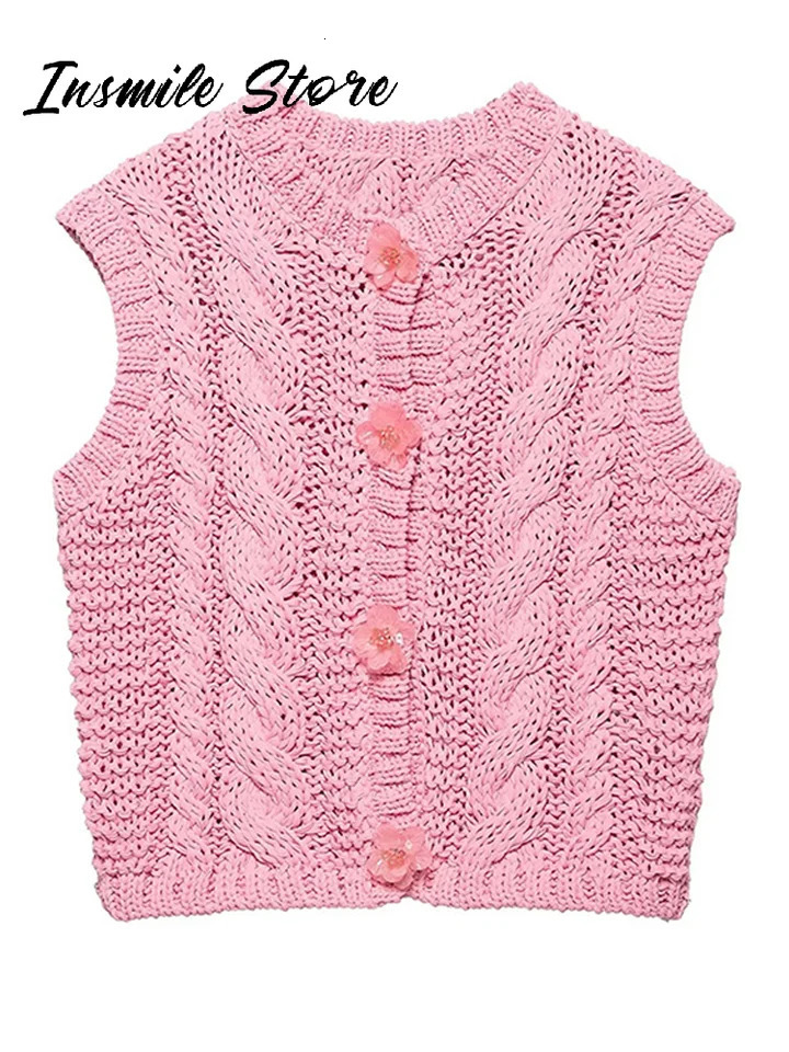 Casual Solid 3D Flower Women Knitted Vest O-neck Sleeveless Single Breasted Slim Female Tank 2025 Spring Fashion Lady Vests 250417