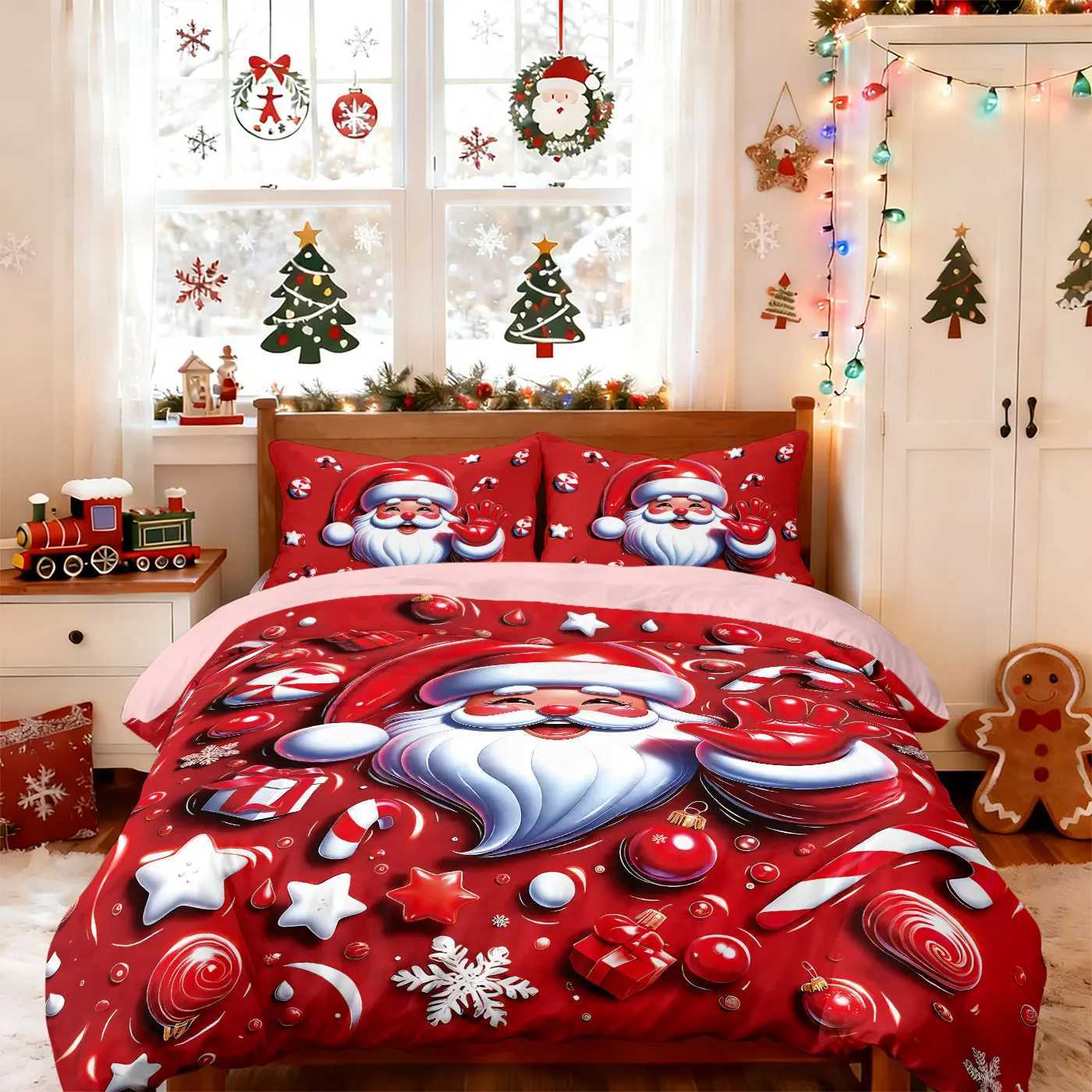 3pcs Red Santa Claus Printed Chipless Bedding Set Soft and Comfortable Dormitory Bedroom Multiple Sizes Machine WashableM251118