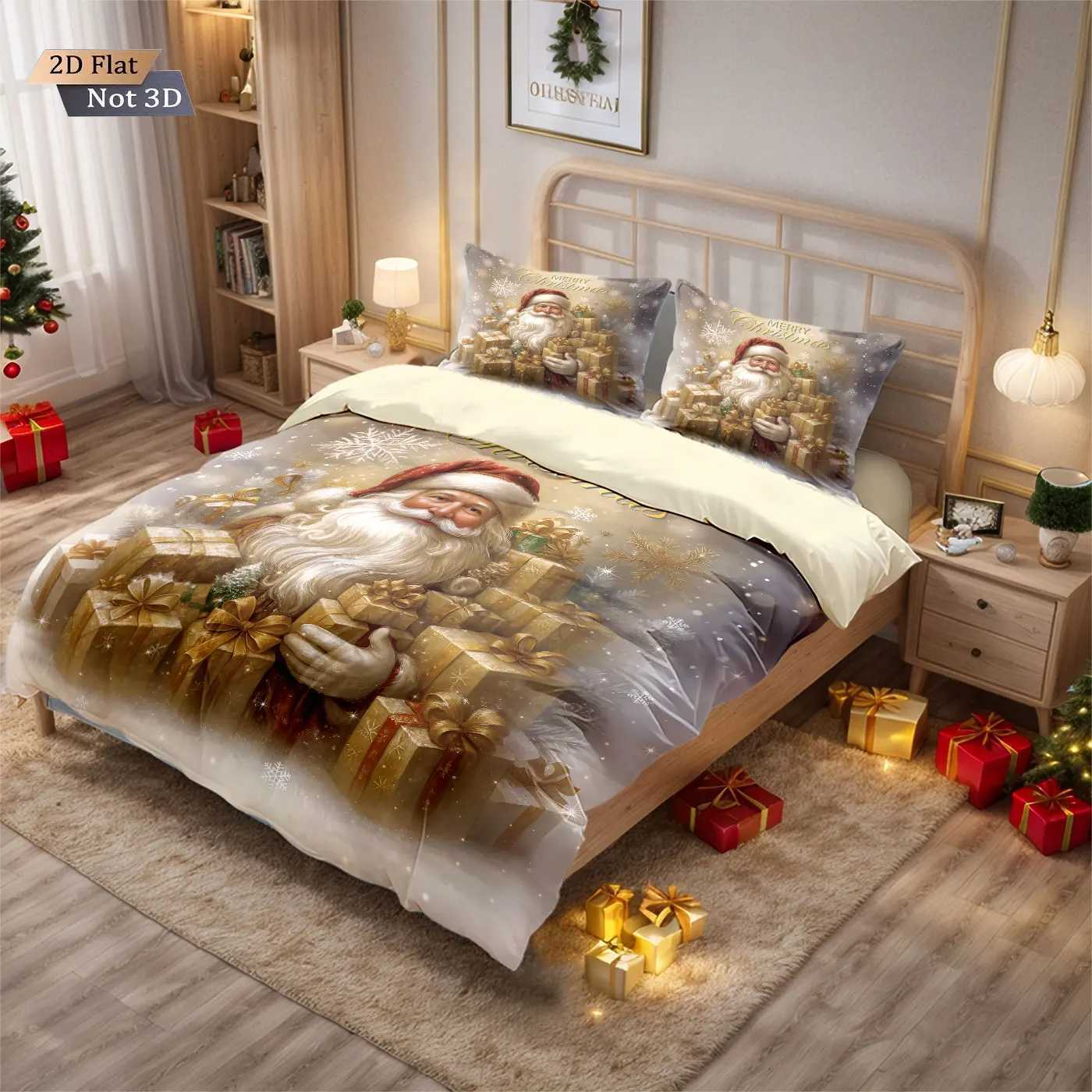 3pcs Golden Santa Claus Printed Chipless Bedding Set Soft and Comfortable Dormitory Bedroom Multiple Sizes Machine WashableM251118