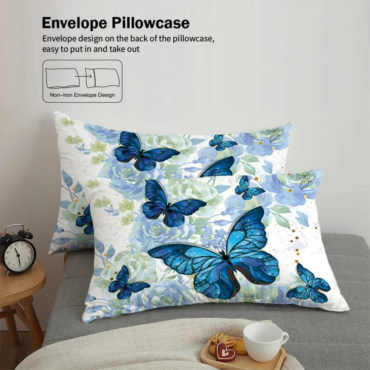 3-piece down duvet cover set with blue butterfly rose pattern print 1 duvet cover2 cases no core bedding setM251118